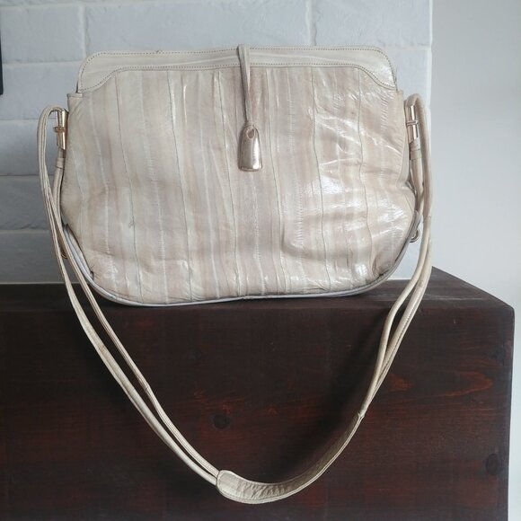 Vintage genuine eel skin cream ivory gold shoulder bag purse - Picture 6 of 16